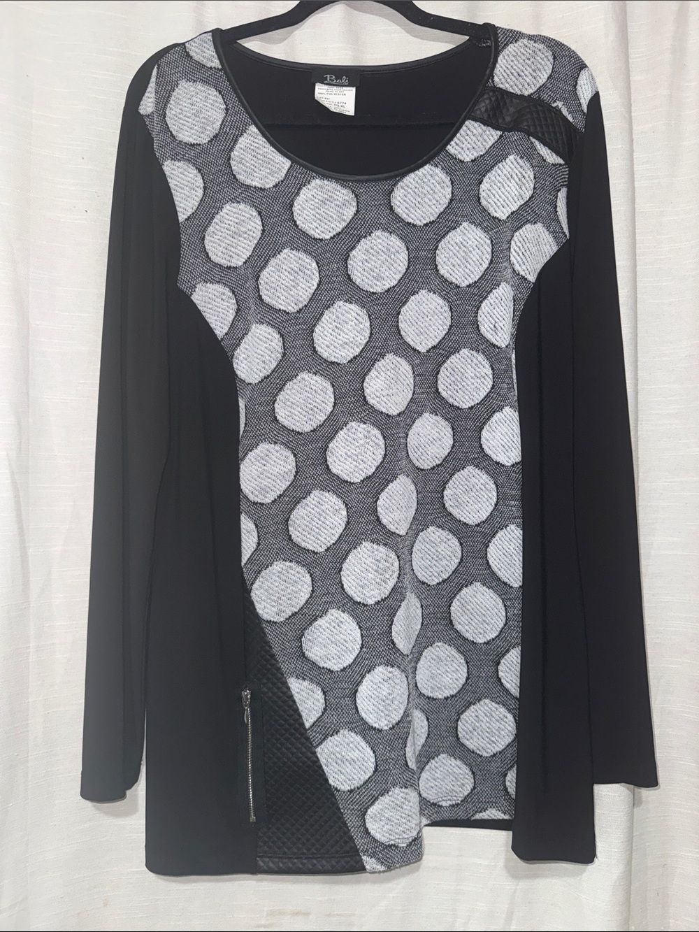 Bali Corp. Black Long Sleeve Tee with Gray Polka Dot Front Panel